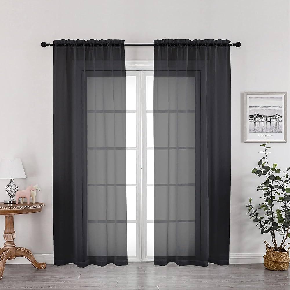 OWENIE Crushed Black Sheer Curtains 72 Inch Length 2 Panels Set for Living Room/Bedroom, Rod Pocket Window Treatment Light Filtering Semi Sheer Crinkled Curtains, 2 pcs, Each 42" W x 72" L