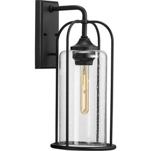 Progress Lighting Watch Hill Collection 1-Light Textured Black Clear Seeded Glass Farmhouse Outdoor Large Wall Lantern Light, Measures 10-1/4-inch width by 19-3/8-inch height by 8-1/2-inch length