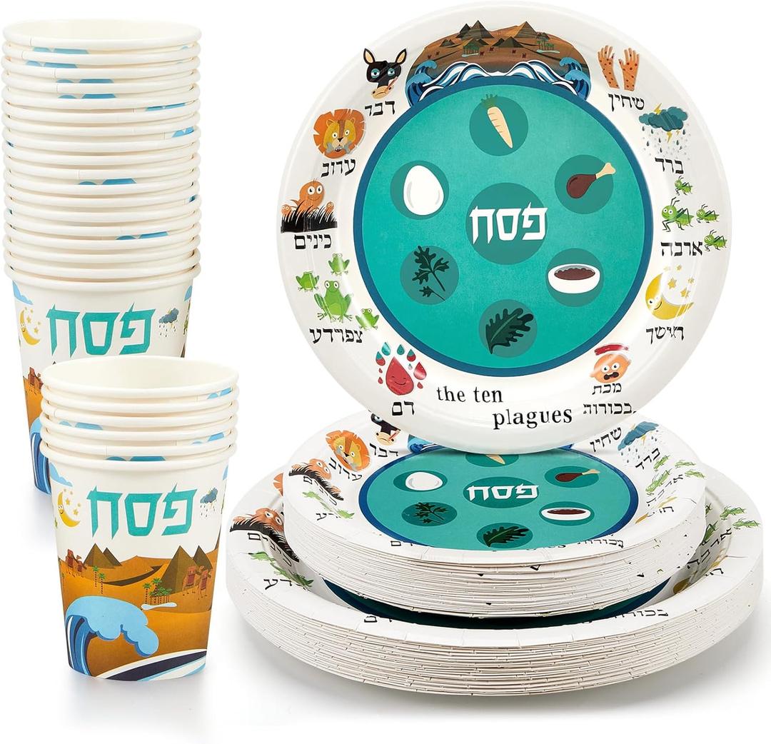 FillTouch 72 Pcs Passover Disposable Seder Plate Set Serves 24 People Passover Decorations Include 9 in 7 in Paper Plates Passover Cups for Passover Pesach Seder Paper Tableware Party Supplies
