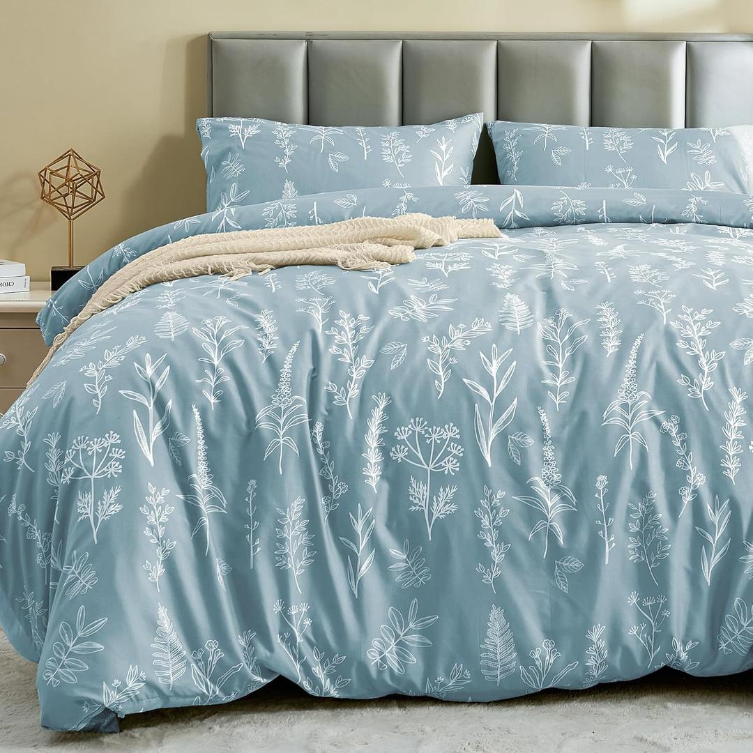 MUXHOMO Duvet Cover King Size, Reversible Floral Mineral Blue Duvet Cover Set with Zipper Closure, 3 Pieces Botanical Patterns Soft Microfiber Bedding Set (90"x104", 2 Pillow Cases 20"36") (01 - Mineral Blue Leaves (No Comforter))