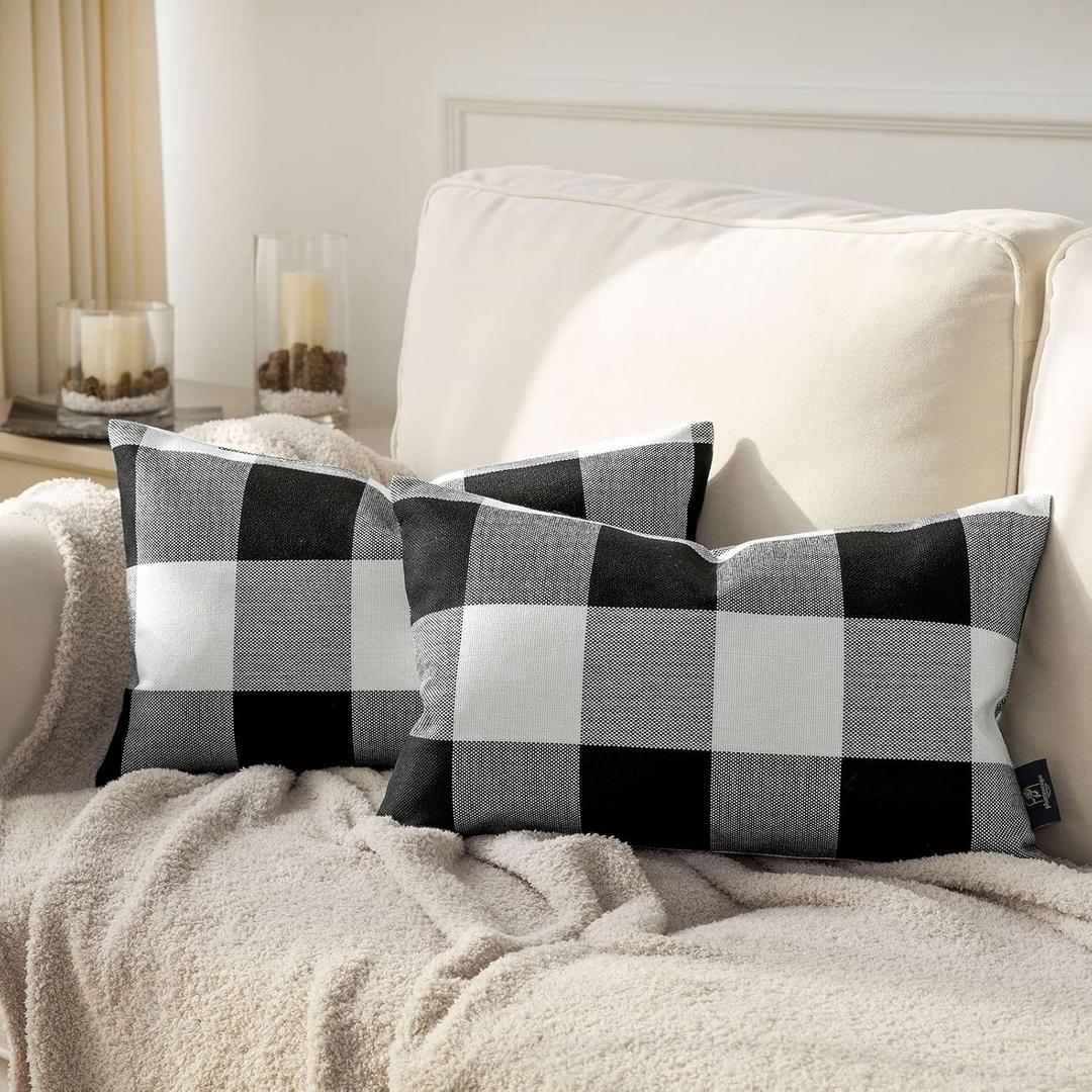 Phantoscope Pack of 2 Gingham Buffalo Check Plaid Throw Decorative Pillow Cover Outdoor Indoor Throw Pillows Farmhouse Square Pillow Cases for Home Decor Black and White,12 x 20 Inches
