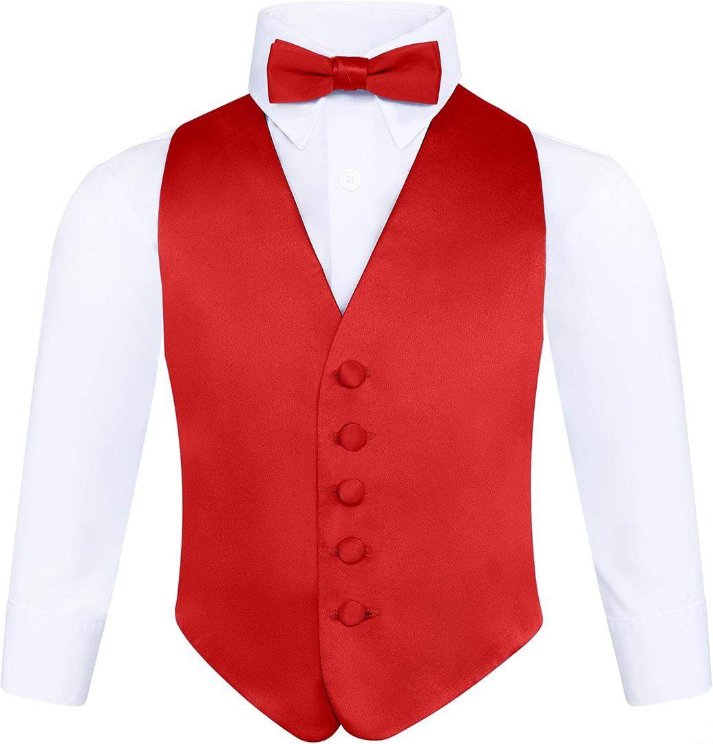 S.H. Churchill & Co. Boys 3 Piece Backless Formal Vest Set  Includes Vest, Bow Tie, Pocket Square for Tuxedo or Suit (Large, Red)