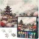 Pagoda and Cherry Blossoms Puzzles 1000 Pieces for Adults Beautiful Landscape Puzzle for Adults Home Decor Scenery and Landscape Painting Jigsaw Puzzles as Gifts for Family Friends 27.5"X19.7"