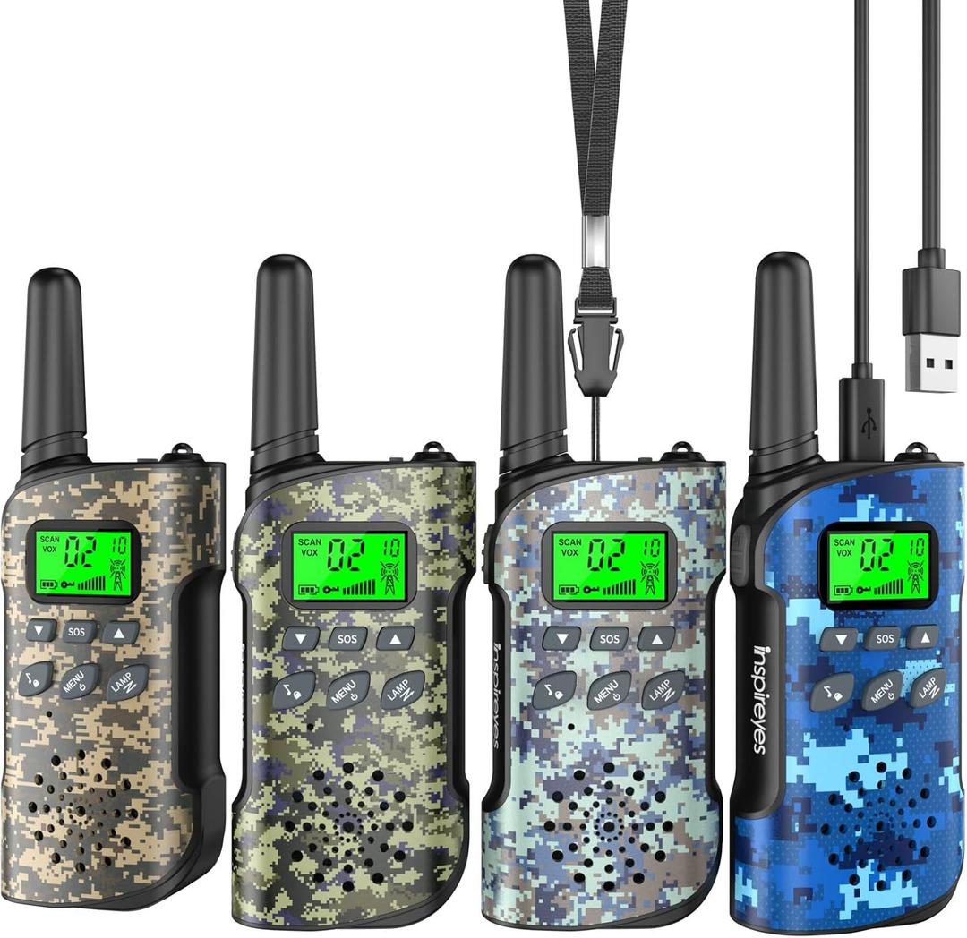 Walkie Talkies for Kids Rechargeable,Toys for Boys and Girls Ages 3-12, 4 Pack Long Range 2-Way Radios, Birthday Gifts,Christmas Stockings, Outdoor Play, Family Games, Hiking Camping Gear (Camouflage)
