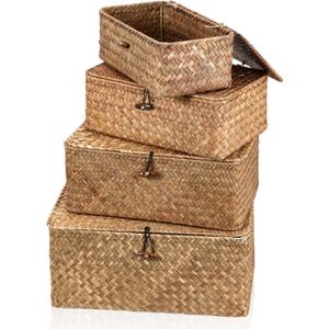 Set of 4 Wicker Storage Baskets with Lid, Handwoven Decorative Storage Boxes Multifunctional 4 Sizes Rattan Baskets Organizer for Home Office Shelves Clothes Toys Books (Brown)