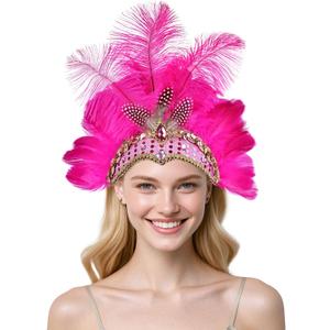 Women's Carnival Feather Headpieces Sequin Headdress for Wedding Masquerade Party Cosplay Feather Headbands (Tnmtd-hot Pink)