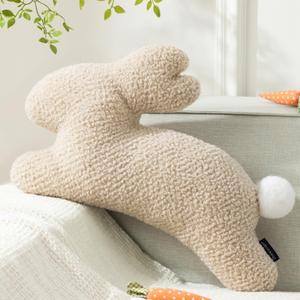 Phantoscope Happy Easter Bunny Shaped Throw Pillow, Plush Boucle Jumping Rabbit Cushion Sherpa Easter Decorative Pillow for Couch Living Room Bed, Beige, 14.5 x 21.5 inches