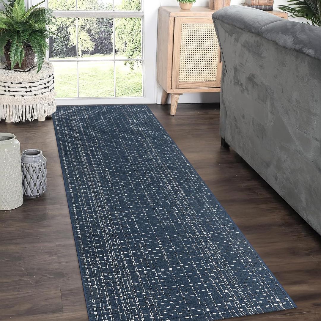 Seavish Hallway Runner Rug, Low Pile Washable Kitchen Runner Rug 2x6, Cotton Woven Reversible Entryway Rug, Dark Blue Farmhouse Throw Rug Runner for Living Room Bedroom Laundry Patio
