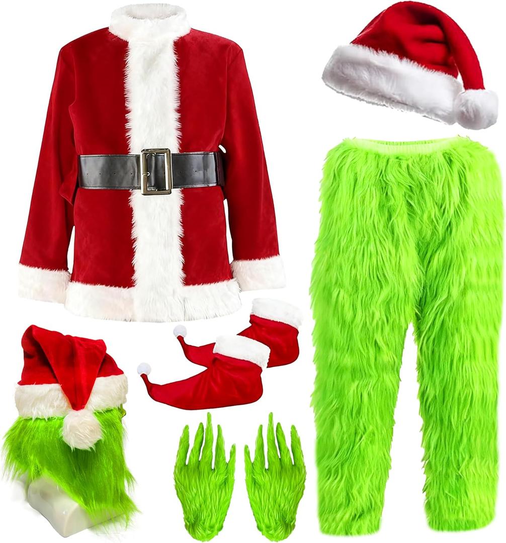 Vanfunny Green Monster Santa Claus Costume Set for Adults, 7PCS Christmas Santa Outfit Suit, Festive Xmas Halloween Cosplay Costumes (Green, Adult-S/M)