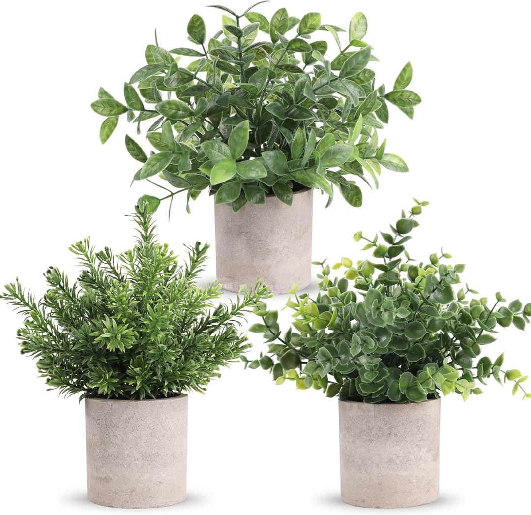 Der Rose 3 Pack Mini Potted Fake Plants Artificial Plastic Eucalyptus Plants Topiaries for Home Office Desk Farmhouse Shelf Room Bathroom Decor(Green)