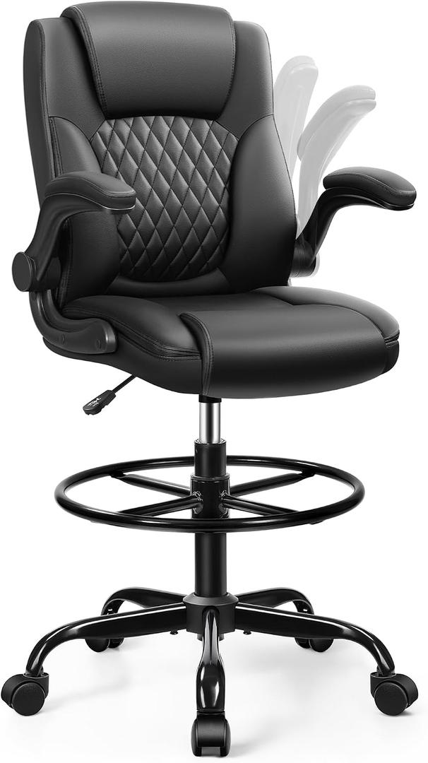 Drafting Chair,Tall Office Chair for Standing Desk,High Executive Leather Ergonomic Computer Chair with Adjustable Height and Flip-Up Armrest for Counter Height Desk,Black, 20 inches x 9.8 inches x 20 inches