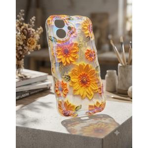 OOK Oil Painting Phone Case for iPhone 16e Yellow Sunflower | Laser Glossy Cute Oil Painting Flower Pattern Curly Waves Bumper Design Soft Protective Cover for Girls Women