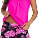 Aqua Eve Two Piece Women's Tankini Swimsuits Blouson Swim Tank Top with Shorts Modest Bathing Suits (Pink Floral, XS)