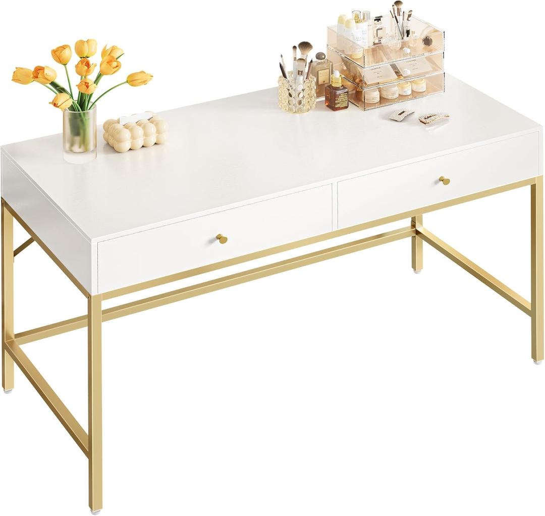 SUPERJARE Vanity Desk with Drawers, 47 inch Computer Desk, Modern Simple Home Office Desks, Makeup Dressing Table for Bedroom - White and Gold