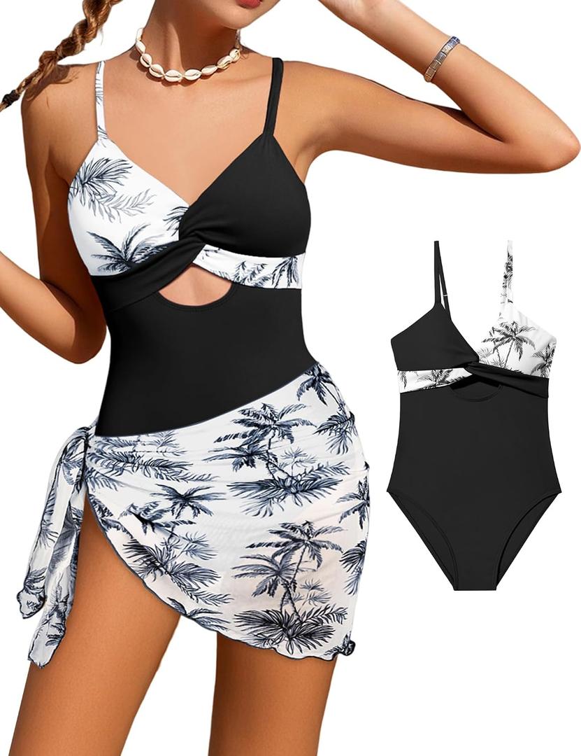 Girls'Swimwear One Piece Kids Swimsuits for Girls Tropical Twist Cross Bathing Suits with Cover Up Skirt (11-12Y)