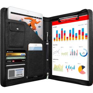 Zippered Padfolio Organizer, WRIYES Leather Planner Binder, 10.2 Inch Portfolio Folder for Documents, Letter Size Business Card Holder for Men&Women (Black)