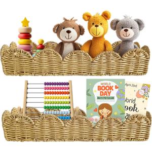 Rattan Nursery Book Shelf, Woven Scalloped wall Shelves, Wicker Hanging Storage Basket, Baby Room Bookshelf, Wall Mounted Natural Baskets Boho Home Decor, Set of 2