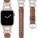 TOYOUTHS Leather Band Compatible with Apple Watch Bands Women 42/ 44/ 45/ 49mm Ultra Dressy Designer Bling Diamond Buckle Thin Leather Strap for iWatch Band SE Series 9/ 8/ 7/ 6/ 5/ 4/ 3/ 2/ 1, Brown/ Starlight