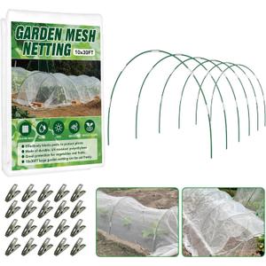 Garden Netting Kit for Raised Beds, 10x30FT Ultra Fine Mesh Netting 6 Sets Fiberglass Garden Hoops, Insect Netting for Garden Plant Row Cover Vegetable Flowers Protection Barrier