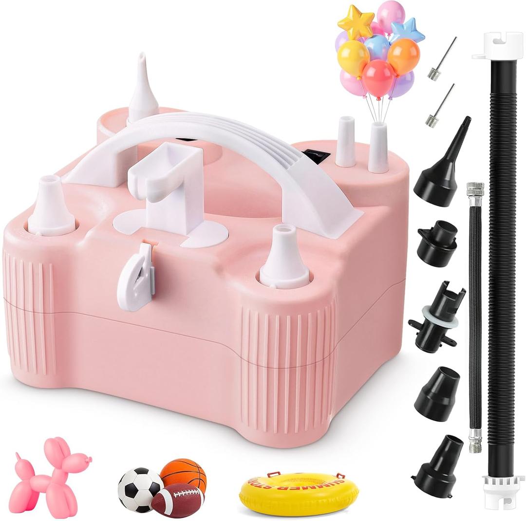 4-in-1 Electric Balloon Pump for All Balloons,Portable Dual Nozzle 600W Air Pump for Balloons,High Power Balloon Blower for Latex Foil 260q Mylar Balloon,Inflation Pool Float and Sports Balls (Pink)