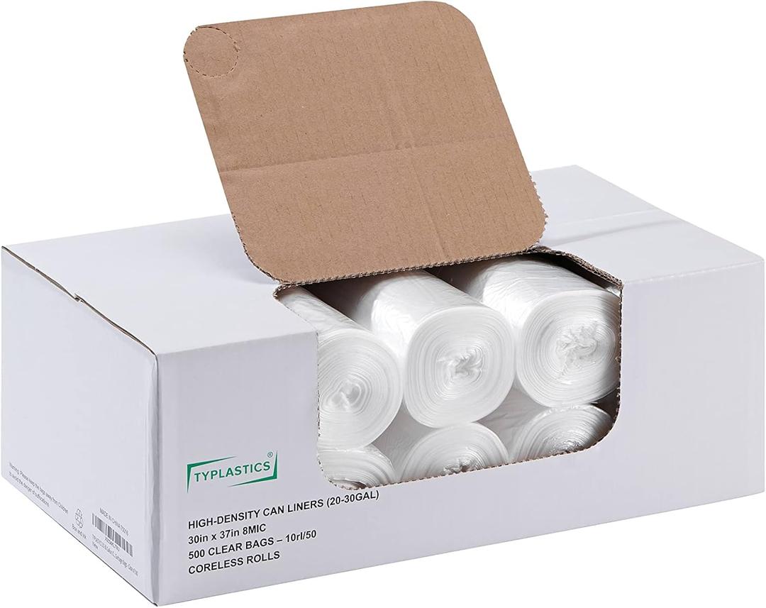 TYPLASTICS 20-30 Gallon Clear Trash Can Liners - 30" x 37" - High Density Garbage Bags - Case of 500 - Multipurpose for Office, Outdoor, Recycling, Industrial and Commercial (50 Count (Pack of 10))