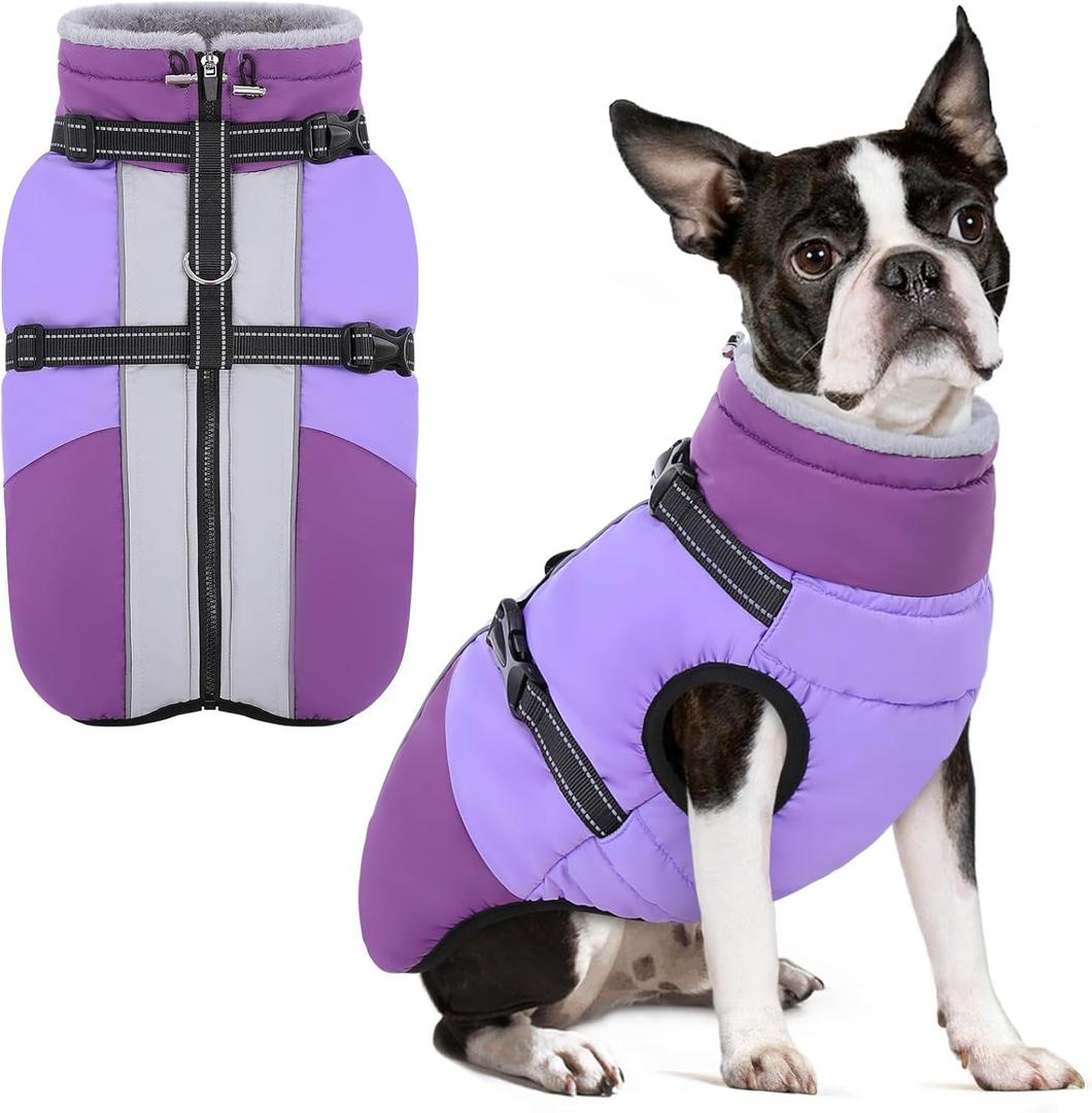 SUNFURA Dog Winter Coat, Warm Dog Coat with Harness for Medium Dogs Boys Girls, Reflective Fleece Lined Pet Winter Jacket Snowsuit for Pug, Jack Russel, Schnauzer, Purple M
