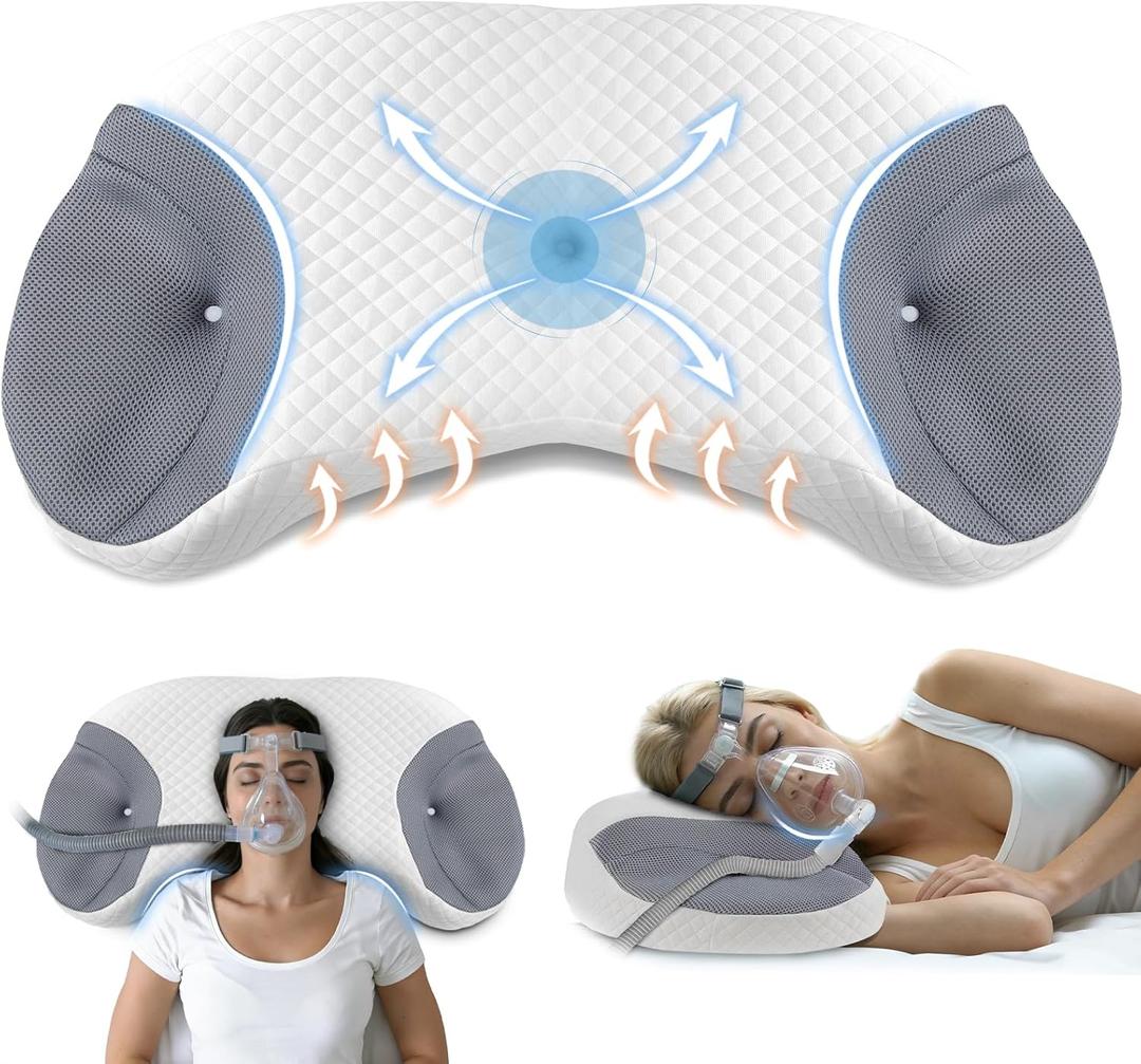 CPAP Pillow for Side & Back Sleepers - Mask Compatible Contour Design to Reduce Leaks, Breathable Memory Foam Pillow with Ergonomic Support & Hose-Friendly Cutouts for Comfortable Sleep, Grey