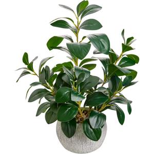 AlphaAcc 17.8 Inch Artificial Ficus Plant Potted Faux Greenery in Gray Round Vertical Striped Cement Planter with Pebbles Realistic Fake Plant for Indoor Modern Home Kitchen Living Room Office Decor