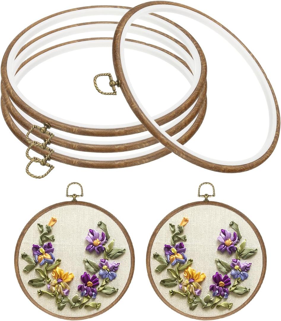 PATIKIL 8inch Embroidery Hoop, 4pcs Cross Stitch Hoop Rubber Imitated Wood Circle Frame Ring for Embroidery Art Craft Sewing Ornaments Hanging Decoration