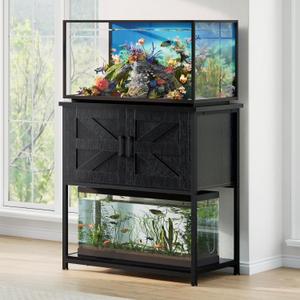 20/29/30 Gallon Fish Tank Stand with Storage Cabinet Farmhouse Wood Aquarium Stand for Fish Reptile Heavy Duty Terrarium Stand for Living Room Entry Way Hallway Black