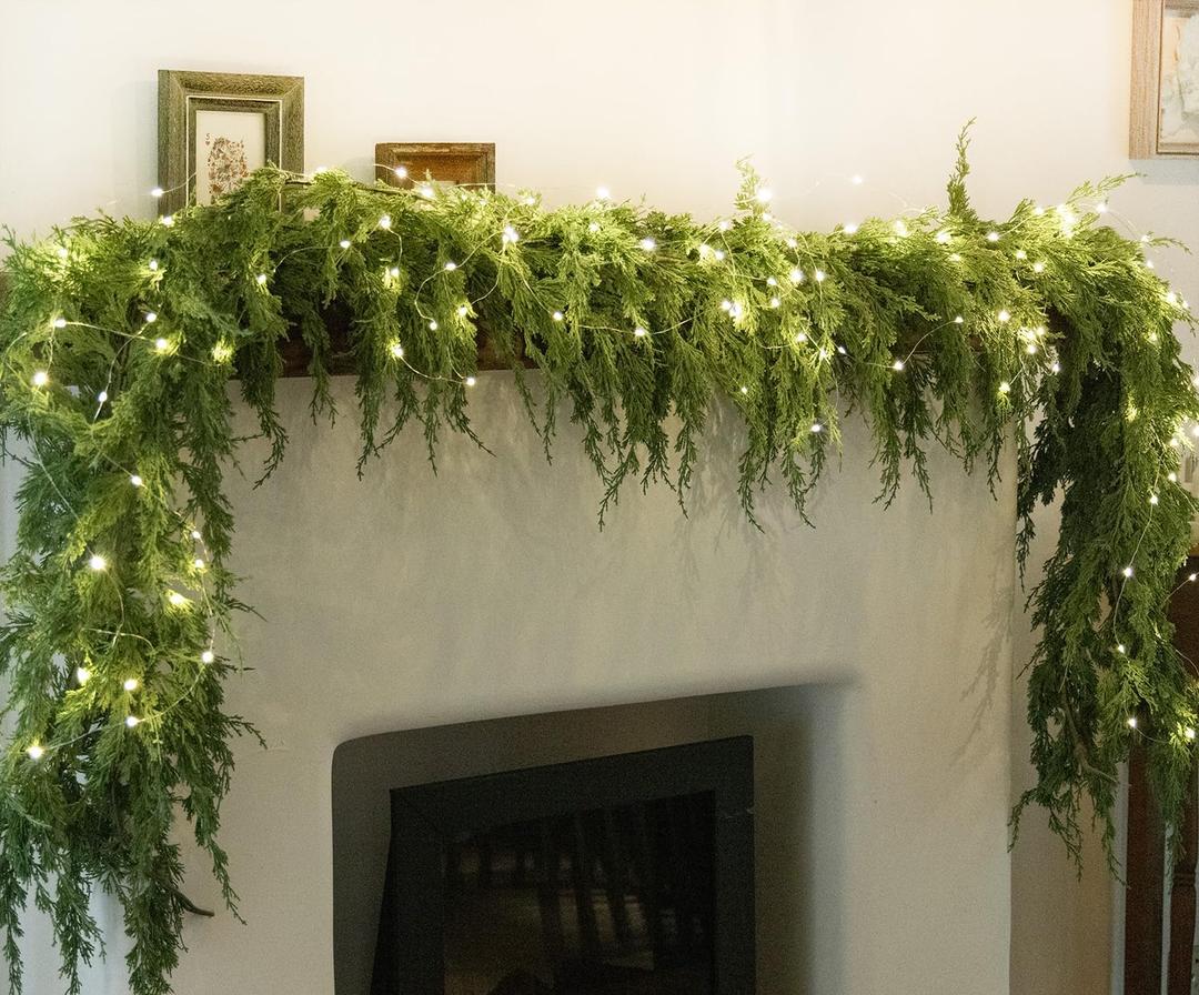 MISSPIN 6ft Christmas Garland with Lights, Real Touch Cedar Pine Garland, Green Artificial Greenery Garland for Table, Mantle, Wall, Indoor, Outdoor Christmas Decorations