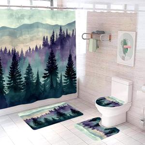 4Pcs Misty Forest Shower Curtain Set Nature Woodland Waterproof Bath Curtain with 12 Hooks Pine Tree Fog Bathroom Decor with Non-Slip Rugs, Toilet Lid Cover Bath Mat for Bathtubs, Purple