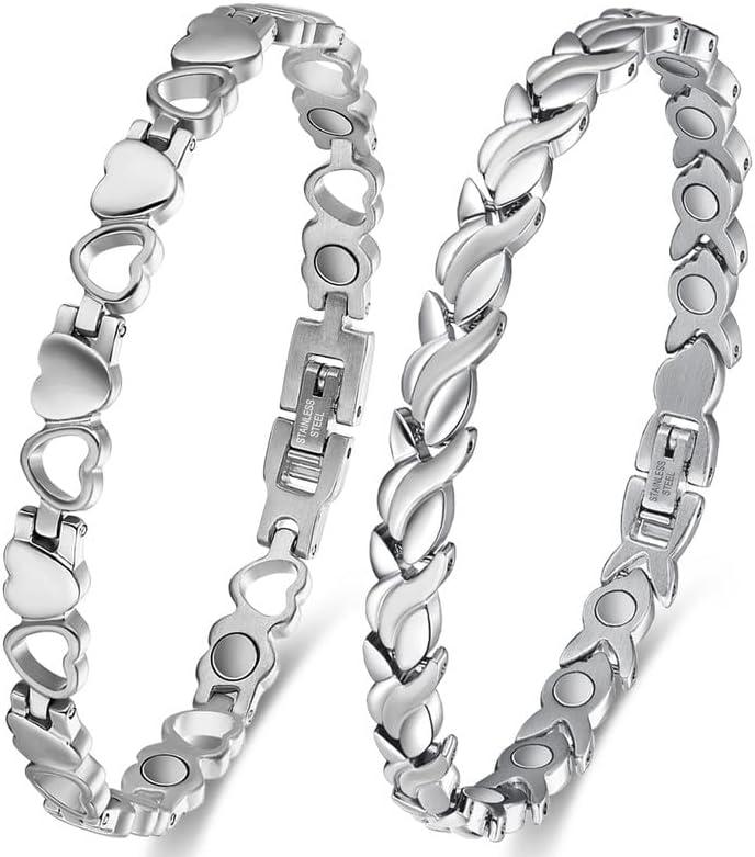 2PCS Magnetic Bracelets for Women Adjustable Titanium Steel Magnetic Bracelet with Strength Magnets Sizing Tool and Present Box, Adjustable Bracelet