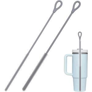 Silicone Straw Cleaner Brush, 2Pcs Straw Cleaner Brush Extra Long, Straw Brush Bristles Cleaner Brush for Cleaning Stanley, Metal Glass Straws, Drink Lid (Grey) 