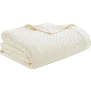 Madison Park 100% Egyptian Cotton Lightweight Summer Blanket, Breathable Waffle Knit Design, Soft Cozy All-Season Throw for Bed, Couch or Sofa, Blue Full/Queen Size (90"x90") (Cream)