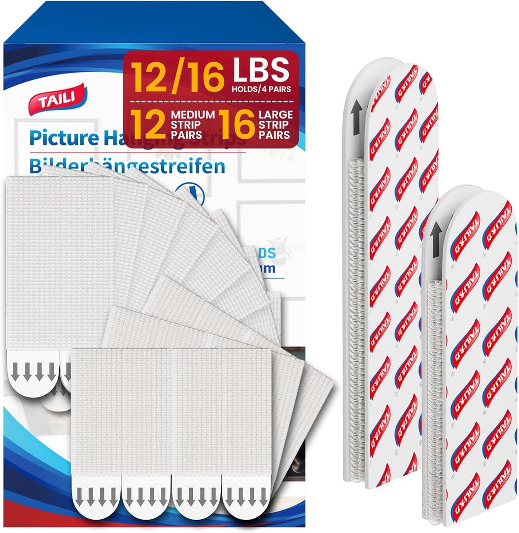 TAILI Picture Hanging Strips Heavy Duty, 16 Pairs Large & 12 Medium (28 Pairs, 56 Strips) Frame Hangers Kits for Walls, Without Nail, Damage Free Adhesive Decor, Art, Mirror