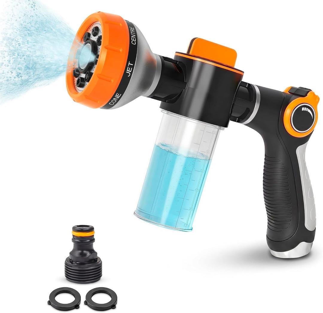 Garden Hose Nozzle with Soap Dispenser, 8 Patterns (Black, Orange) | Car Wash and Foam Sprayer Attachment, Adjustable Dial, ABS Body, Fits 3/4 In Thread, for Cars, Decks, Yards, and Dog Rinsing