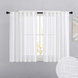 RYB HOME White Curtains for Bedroom - Linen Textured Semi Sheer Curtains Privacy for Bedroom Bathroom Kitchen Dining Office Window, 52 Wide x 45 inches Long, 2 Pcs