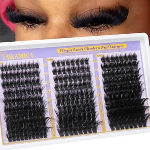 Fluffy Lash Clusters 150D+200D+300D Thick Volume Cluster Eyelash Extensions 12-25mm Dramatic Long Eyelash Clusters Wispy Individual Lashes D Curl Cluster Lashes DIY Glam Lash Extension by Yawamica