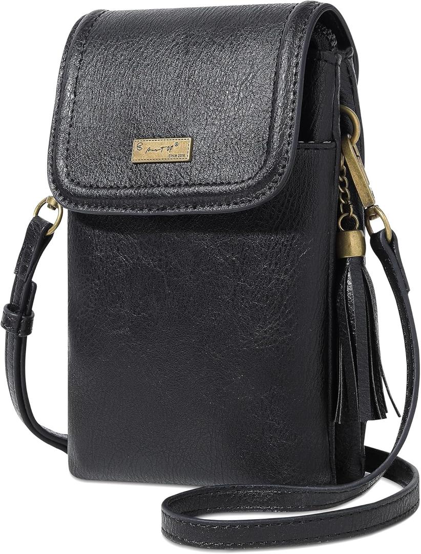 AnsTOP Small Crossbody Bag for Women,Minimalist Designer Vegan Leather Phone Purse with Tassel,Handheld & Adjustable Shoulder Strap for Daily Use Black