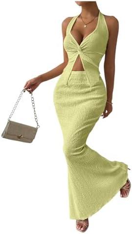 SOLY HUX Women's Two Piece Outfits Twist Front Halter Cami Tops and Skirt Summer Set, Size L, Solid Yellow