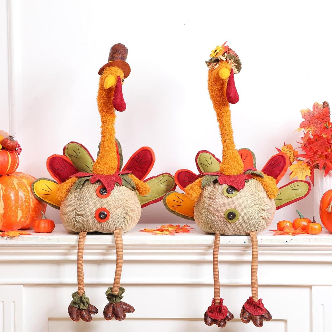 2 Pcs Giant Thanksgiving Turkey Table Decoration 31.8" 30.2" Turkey Couple Doll Retractable Neck Plush Stuffed Turkeys Stretchable Sitting Home Decor for Fall Autumn Harvest Thanksgiving