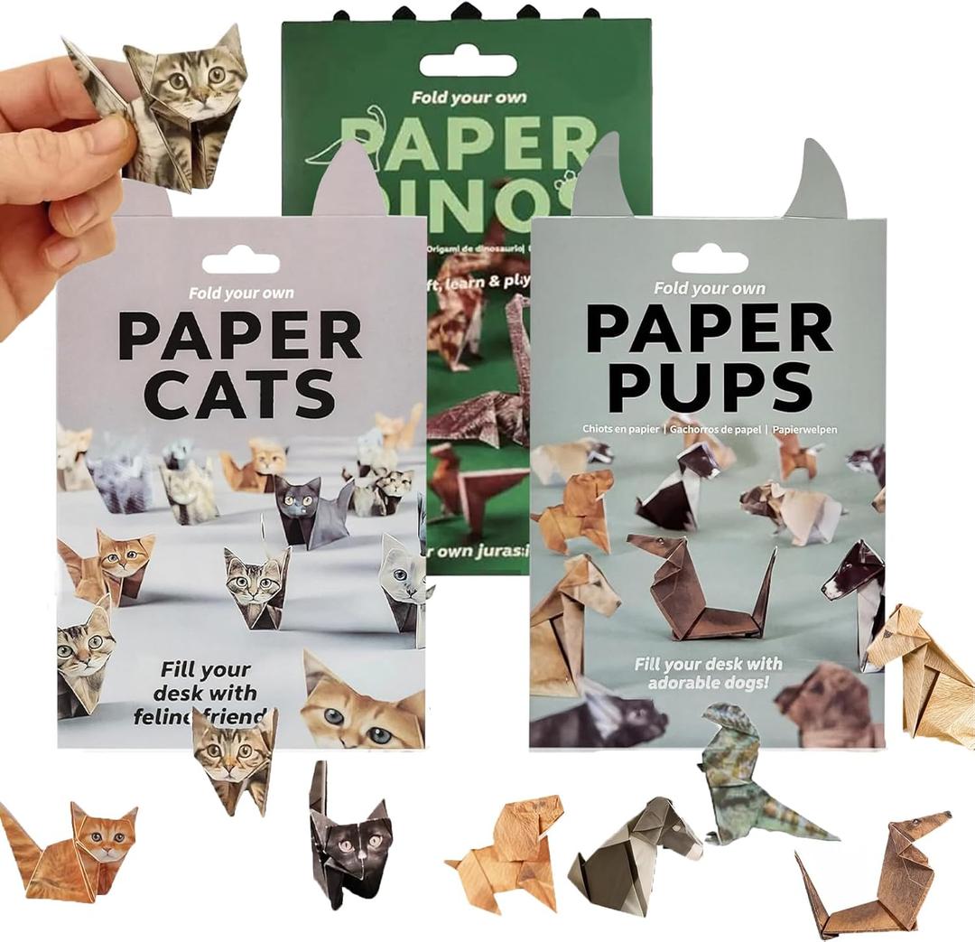DIY Paper Cats Origami Kit150 Sheets Cute Animals Shaped 3D Origami Kit, Crafts for Adults & Kids Activities Paper Cats for Desk Decoration,Christmas Gift for Cat Lovers Who Love (Cat+Dog+Dinosaur)