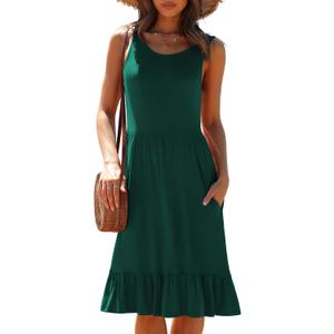 LILBETTER Women's Round Neck Summer Sundresses Casual Pleated Ruffle Hem Knee Length Sleeveless Tank Dress with Pockets (XXL)