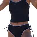 Beachsissi Women's Cute Two Piece Swimsuit White Trim Lace Up Tankini Set (Large, Black)