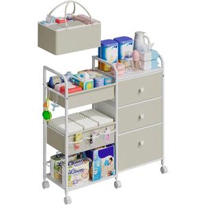 2In1 Baby Diaper Caddy Organizers and Storage, 3 Tier Rolling Cart with Dividers and Drawers, Mobile Utility Cart Baby Dresser Clothes Organizer for Changing Table, Crib Nursery, Bedroom (White)