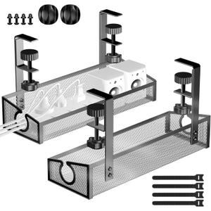 Under Desk Cable Tray - Black, No Drill Cable Organizer with Clamp for Wire Management, PC Cord Organizer & Workspace Accessories (2 Pack)