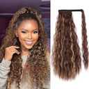 Long Corn Wave Ponytail Extension Magic Paste Heat Resistant Wavy Synthetic Wrap Around Ponytail Hairpiece for Black Women (22 Inch, 22 Inch-Chocolate Brown with Caramel Blonde)