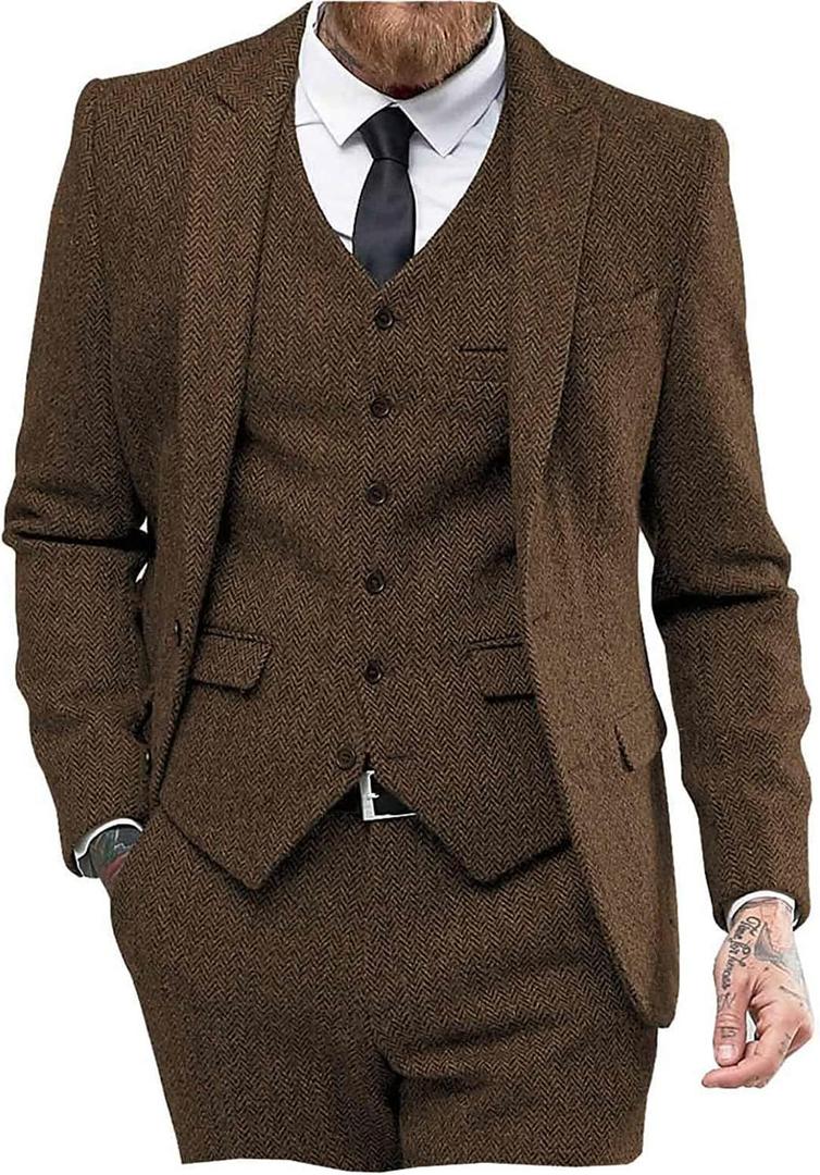 Mens Tweed Herringbone Wedding Suit Prom Tuxedos 3 Piece Peak Lapel Dress(Brown,3XL)