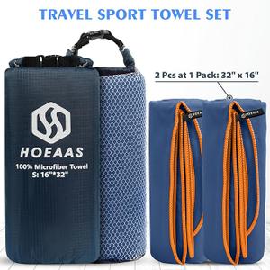 HOEAAS 2 Pack Microfiber Camping Towels, Quick Dry Towel, Super Absorbent Ultra Compact Travel Towel Soft Lightweight Sports Towel for Sweat Fast Drying Towels for Pool,Gym,Hiking,Backpacking,Fitness (S: 32" x 16" x 2, Navy Blue)